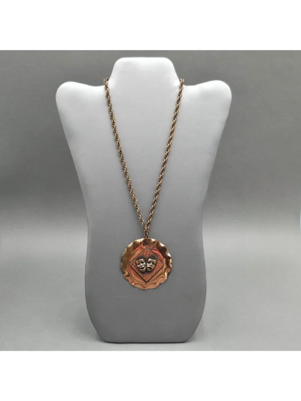 Vintage Copper Theater Comedy Tragedy Mask Jewelry Set Necklace Cufflinks Drama